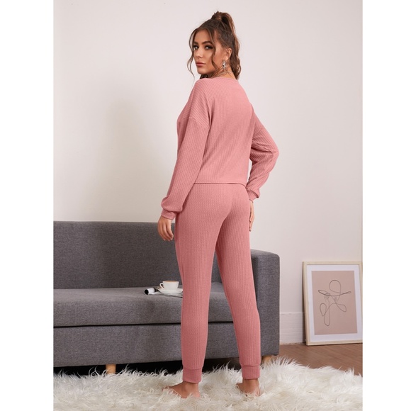 Waffle Knit Casual Pink Loungewear Top - Picture 3 of 8